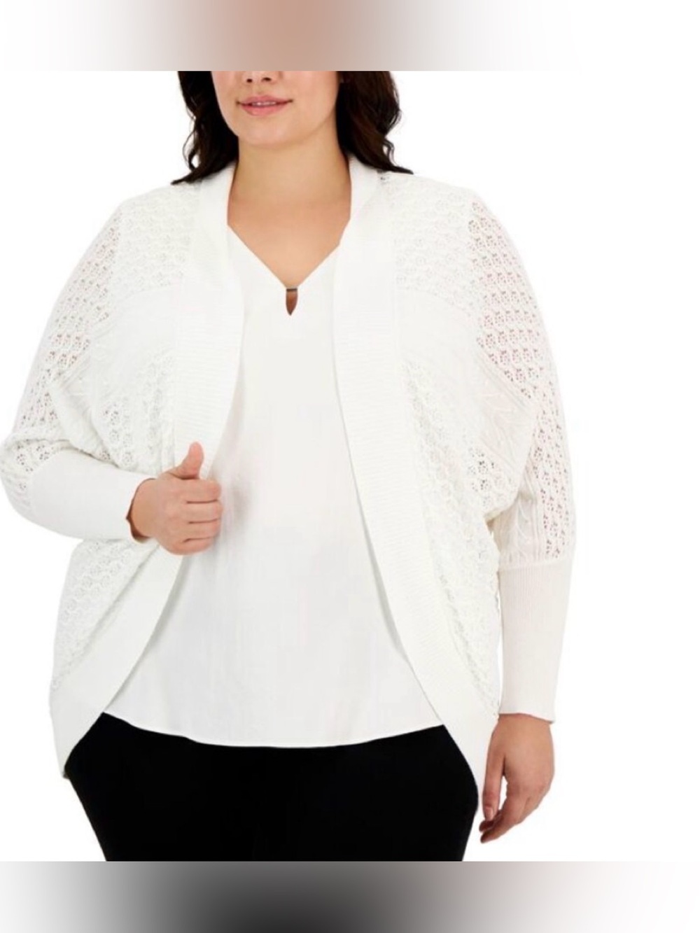 Anne Klein NWT 3X Knit Stitch White Ribbed Trim Open Front Cardigan Sweater